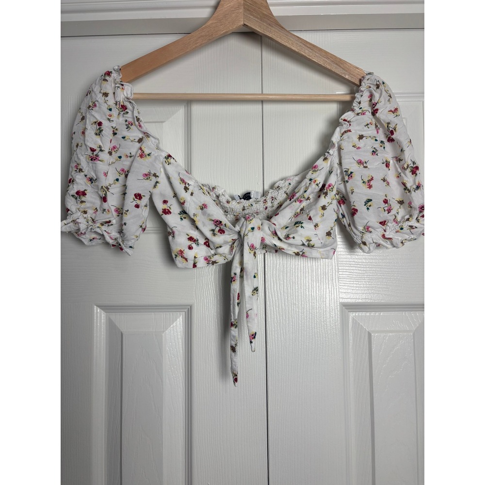 Beginning Boutique x Gracie Piscopo Floral Smocked Tie Front Crop Top White XXS